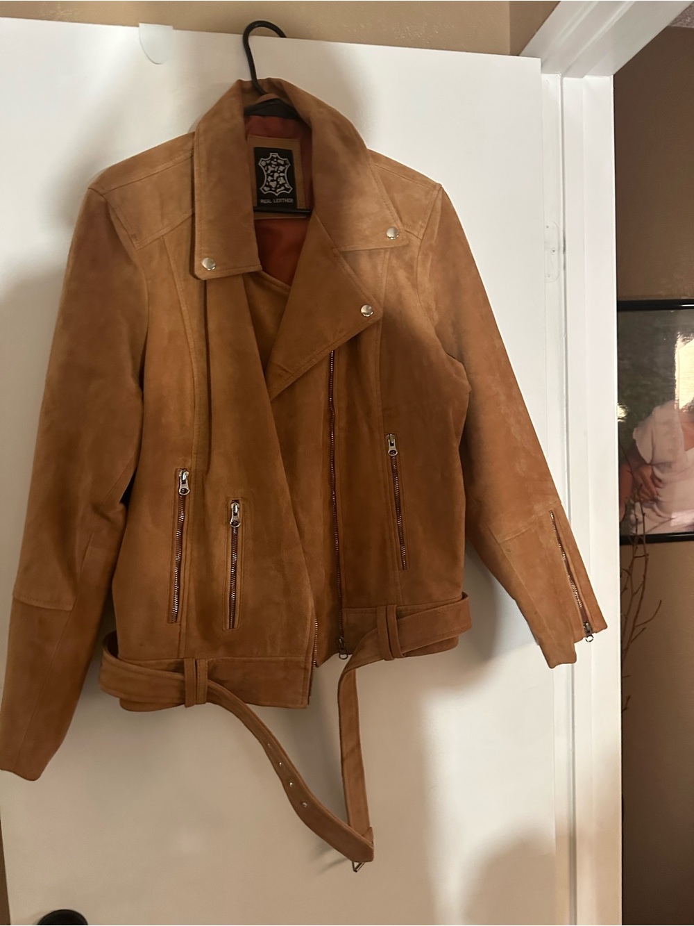 Women's Tan Suede Moto Jacket with Zip Details
